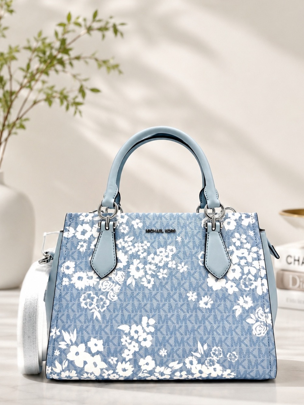 Michael Kors Marilyn Medium Printed Signature Logo Satchel Bag - Pale Ocean